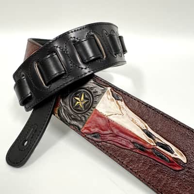 Walker & Williams LHR-32 Black Premium Leather Strap w/Bull Skull And Texas Star Carving image 4