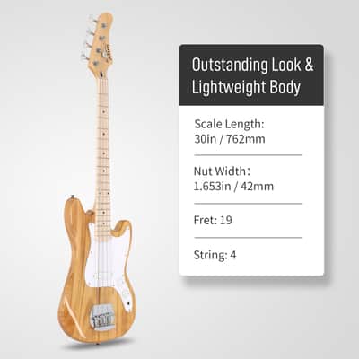 Glarry 4 String 30in SHORT SCALE Thin Body GB Electric Bass Guitar with Bag Strap Connector Wrench Tool 2020s - Burlywood image 2