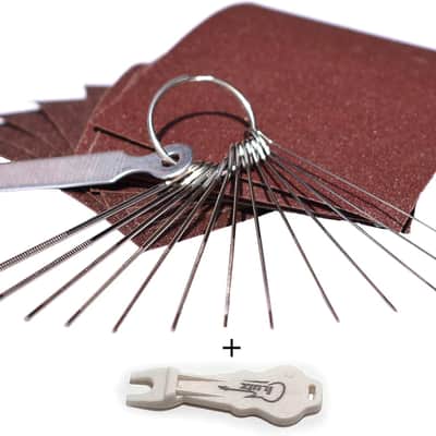 Guitar Bridge Saddle Nut Files Set - 13 Different Size Needle Files with Circular Cross Section and 9 Pcs Sand Paper For Bass, Ukulele, Acoustic & Electric Guitar nut slot polish image 1