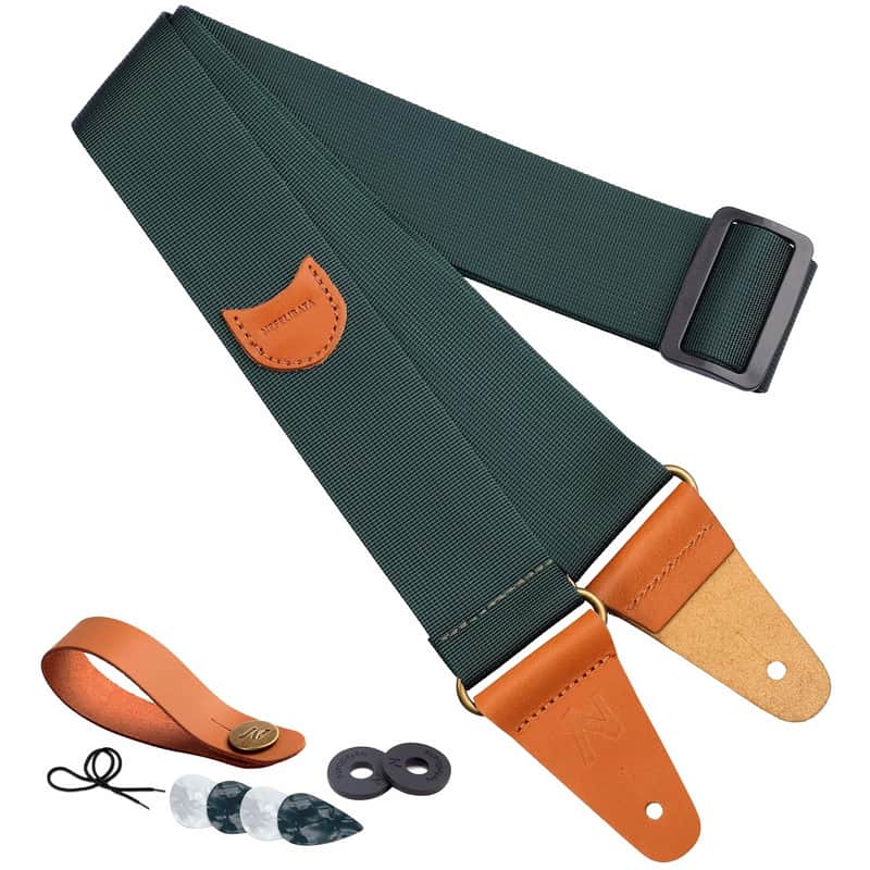 Guitar Strap, Nylon Full Grain Leather Ends Guitar Straps With Pick Pocket For Bass, Electric & Acoustic Guitar, Come With Free Strap Button, 1 Pair Strap Locks And 4 Guitar Picks(Green) image 1
