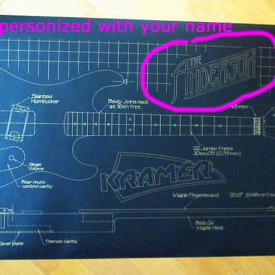 Kramer Baretta guitar blueprint/technical drawing. 22"x46" white or silver ogold ink on black vinyl image 2