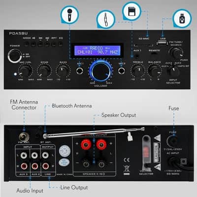 Compact Bluetooth Stereo Amplifier – 200W Home Desktop Receiver System with FM Radio, USB/SD Readers, Multi-Channel Inputs, Remote Control image 2