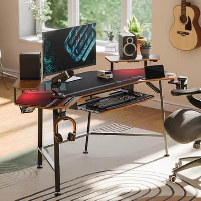 72" Wing-Shaped Music Producer Desk – Walnut Studio Workstation with Keyboard Tray, LED Lights & Monitor Shelves image 3