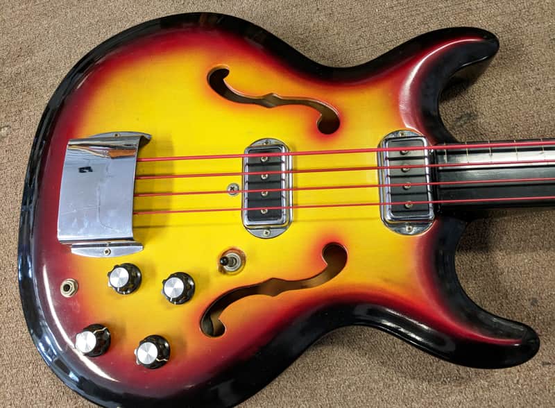 1965 Bartell (Hohner) Fretless Bass Guitar, Semi-Hollow, Pad, Case, Rare Sunburst, Woody Tone! image 1