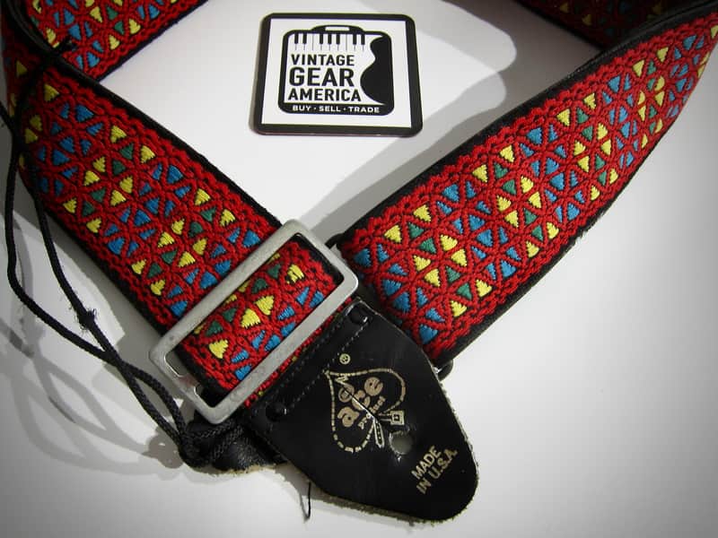 ACE Guitar Strap Red Kaleidoscope Rolling Stones Genuine Vintage Part Circa-1960s-Red with Yellow, Blue & Green Diamonds image 1
