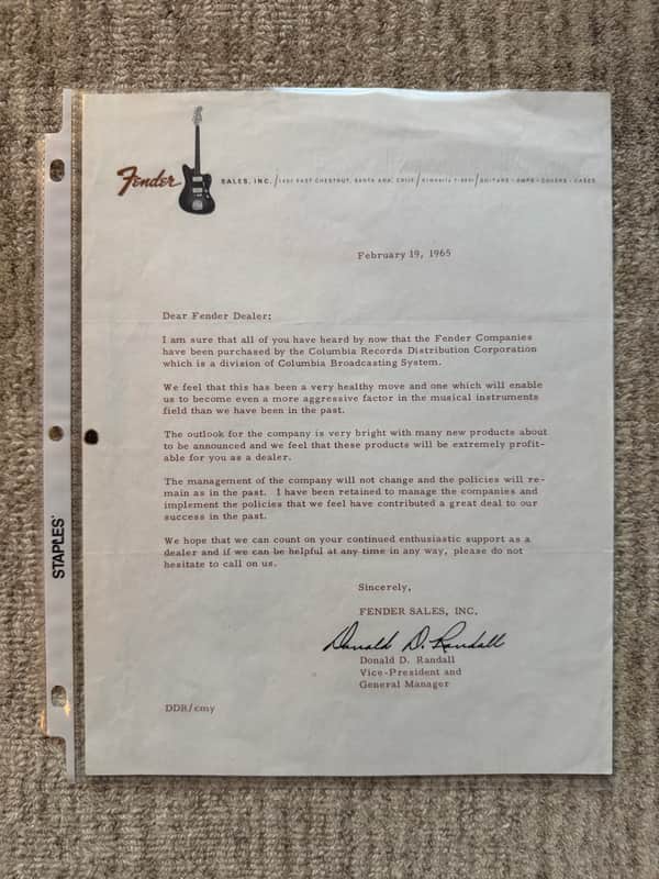 1965 Fender Dealer Letter Sale to CBS Don Randall image 1