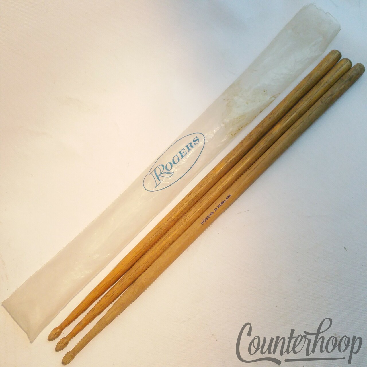 Rogers 3x Wood Drum Sticks 7A Model USA+Original Plastic Case/Bag Big R Stamp70s — main photograph