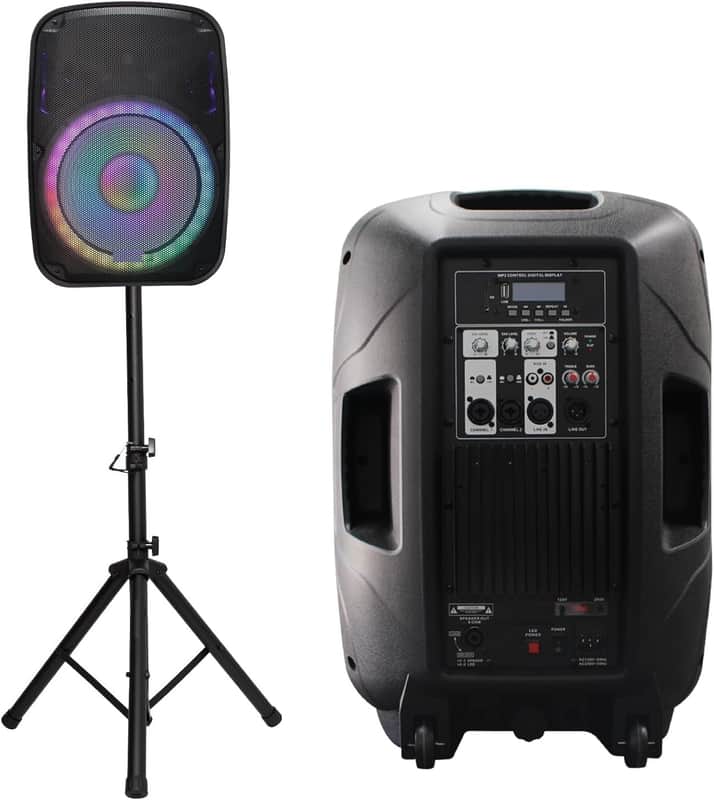 Portable 15-Inch PA Speaker System DJ Amplified Loud Speaker with Stand Bluetooth/USB/SD Card Reader/FM Radio/Remote Control/LED Light, Good for Churches, Bands, Parties image 1