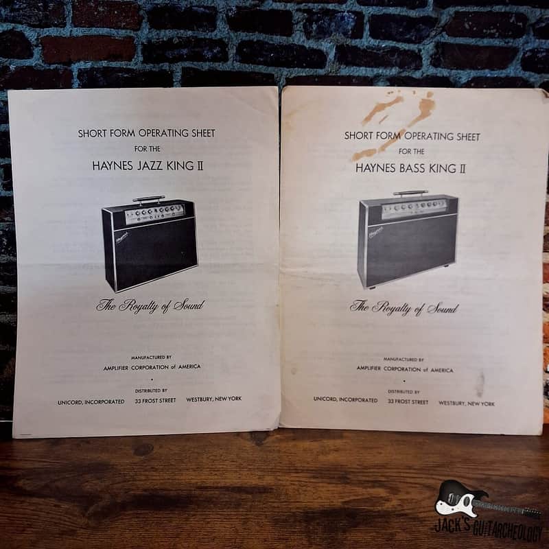 Haynes Amp Ephemera - Jazz King II & Bass King II Operating Sheets (1960s) image 1