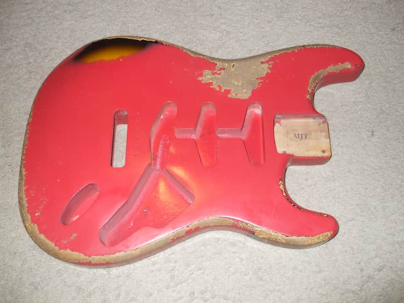 MJT STRAT aged Fiesta Red over Two Tone Sunburst Stratocaster