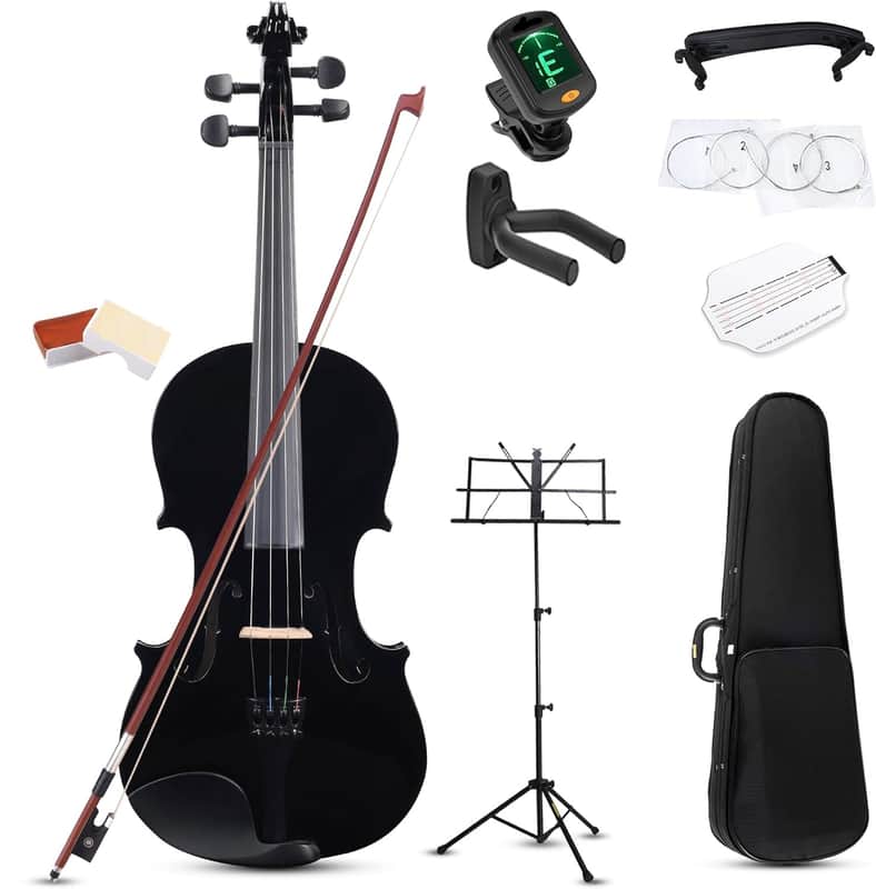 Acoustic Violin for Kids Beginners, 4/4 Full Size Acoustic Violin Fiddle for Teens Students Violin Starter Kit with Hard Case, Rosin, Shoulder Rest, Bow, Violin Music Stand and Strings,Black image 1
