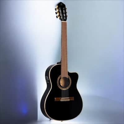 Immagine Ortega Guitars RCE138-T4BK Feel Series Slim Neck Acoustic-Electric Guitar TL Nylon w/ Bag, Black - 3
