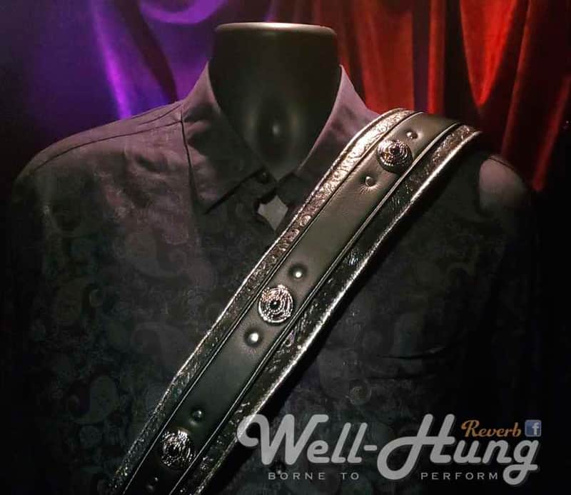 Well-Hung "Soul Collector" 3" wide padded leather guitar strap, Silver / Black with conchos image 1