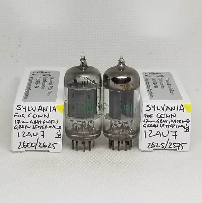 Sylvania Made For Conn 12AU7 Long Gray Plate Very Well Matched (1.9%) Pair NOS 12AU7A ECC82 image 1