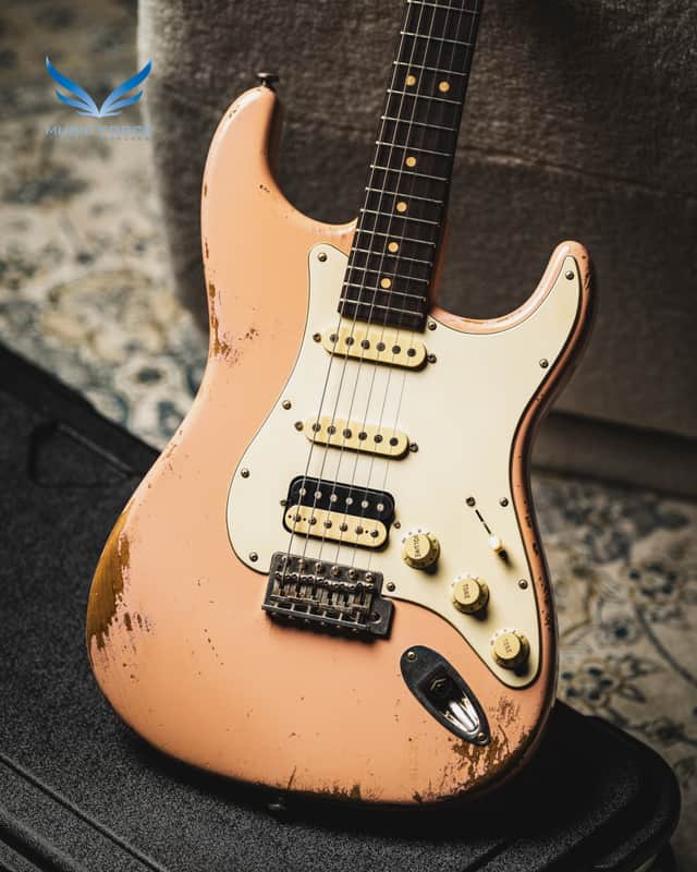 Luxxtone Choppa S Heavy Aging HSS-Shell Pink w/Aged White Pickguard & Roasted Flame Maple Neck image 1