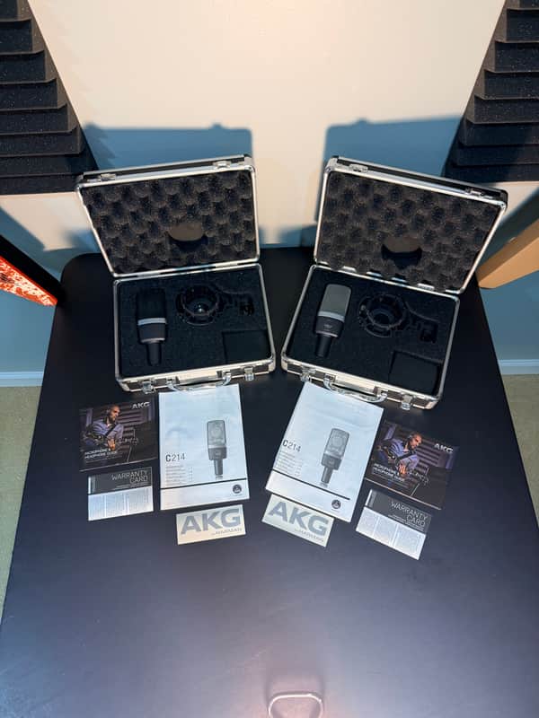 Pair AKG C214 Large Diaphragm Cardioid Condenser Microphones 2010s - Minty image 1
