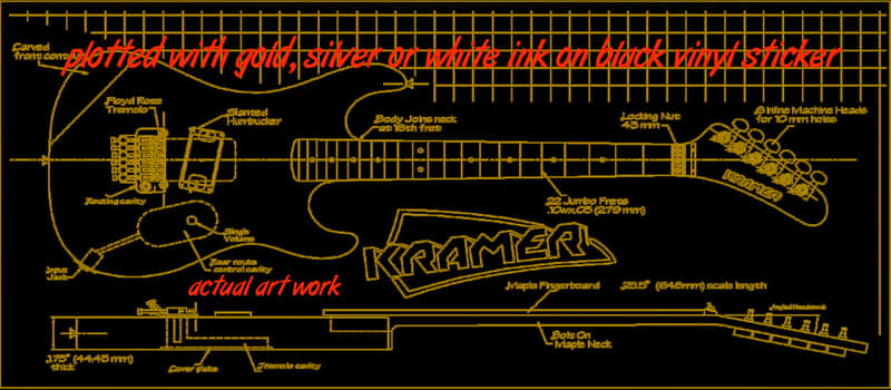 Kramer Baretta guitar blueprint/technical drawing. 22"x46" white or silver ogold ink on black vinyl image 1