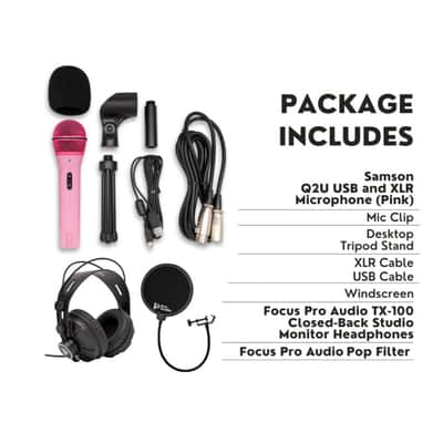 Samson Q2U USB and XLR Handheld Dynamic Microphone with Cardioid Polar Pattern (Pink) Bundle with TX-100 Studio Monitor Headphones (Black), and Pop Filter (3 Items) image 7