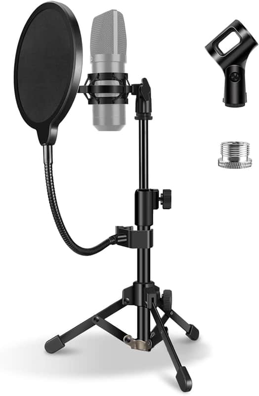 Mic Stand Desk, Table Mic Tripod Desktop Mic Stand Height Adjustable Small Microphone Stand for Desk with Pop Filter Shock Mount Mic Clip 1/4" to 5/8" Adapter for Blue Yeti Snowball image 1