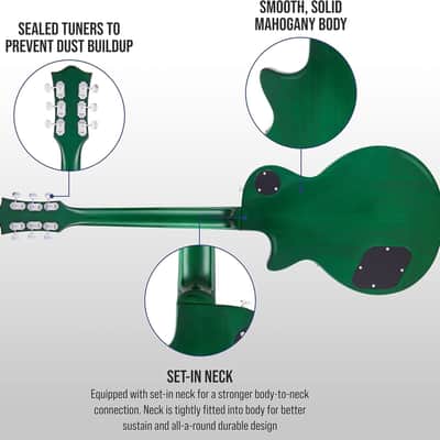 Beginner, Intermediate & Pro Players Solid Body Guitar, Bonus 2-Pack of Picks, Mahogany Wood, Volume/Tone Controls, 3-Way Pickup - Green image 3