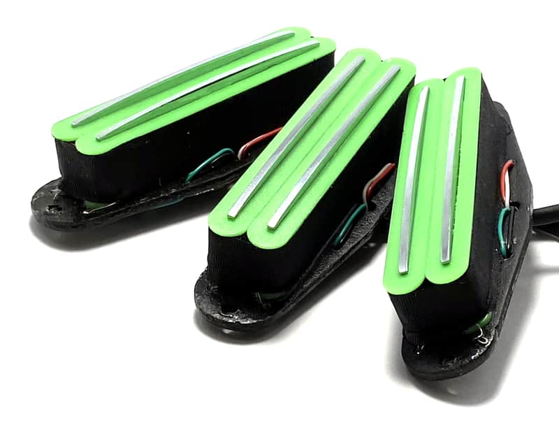 Dragonfire Duo Rails SSS Set Strat Sized Humbucker Pickups Bridge/Middle/Neck, Green w/ Chrome Rails image 1