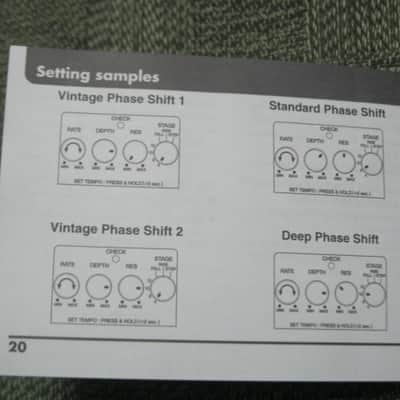 used (less than lite average wear) genuine Boss Owner's Manual for PH-3 Phase Shifter (NO: pedal / other items) 2000s (copyright year 2002) white matte paper / black print & graphic [5 inches across (unopened), 3 & 1/2 inches high] 32 pages cover to cover image 19