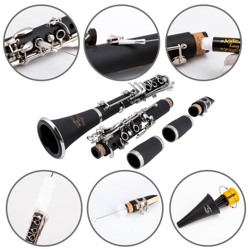 New OEM Professional Ebonite Bb Clarinet with 10 Reeds, Stand, Hard Case, Cleaning Cloth, Cork Grease, Mouthpiece Brush and Pad Brush, Black image 1
