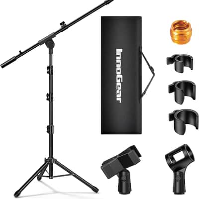 Microphone Stand, Tripod Boom Arm Floor Mic Stand Height Adjustable Heavy Duty with Carrying Bag 2 Mic Clips 3/8" to 5/8" Adapter for Singing Podcast for Blue Yeti Shure SM58 SM48 Samson Q2U
