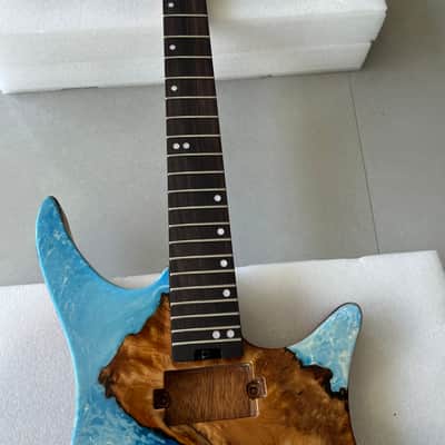 Vibrato system 24frets Handmade Custom Headless Guitar Body Neck Kit, Full Solid Mahogany Core, In-body Poured Marbled Blue Epoxy Resin & Burl Wood Grain, 5P Roasted Flamed Maple Neck with Truss Rod, Unfinished Build Your Own Electric Guitar "T contour" image 2