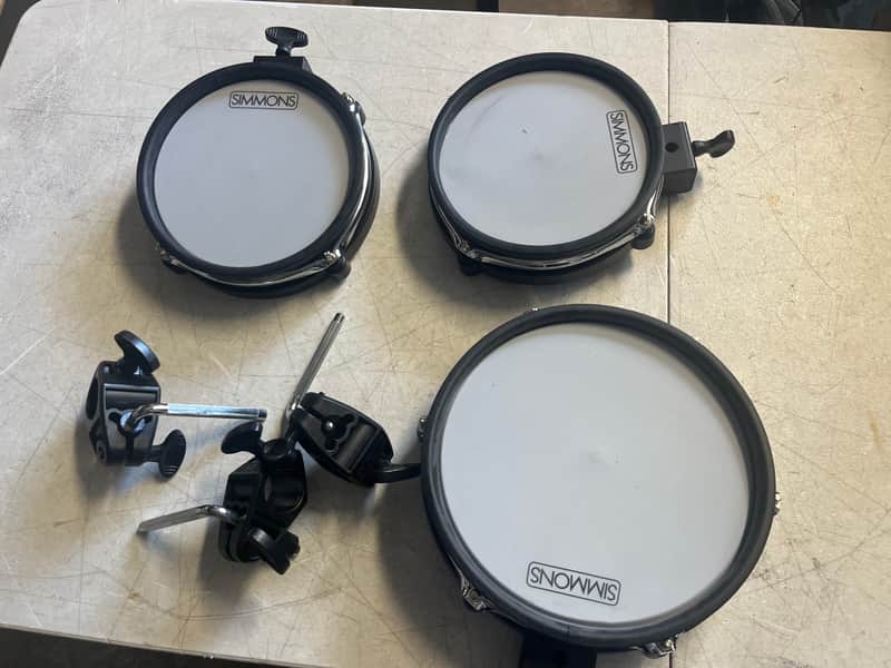 Simmons Set of 3 electric drum triggers, SD600 series, two 8” one 10” with L rods image 1