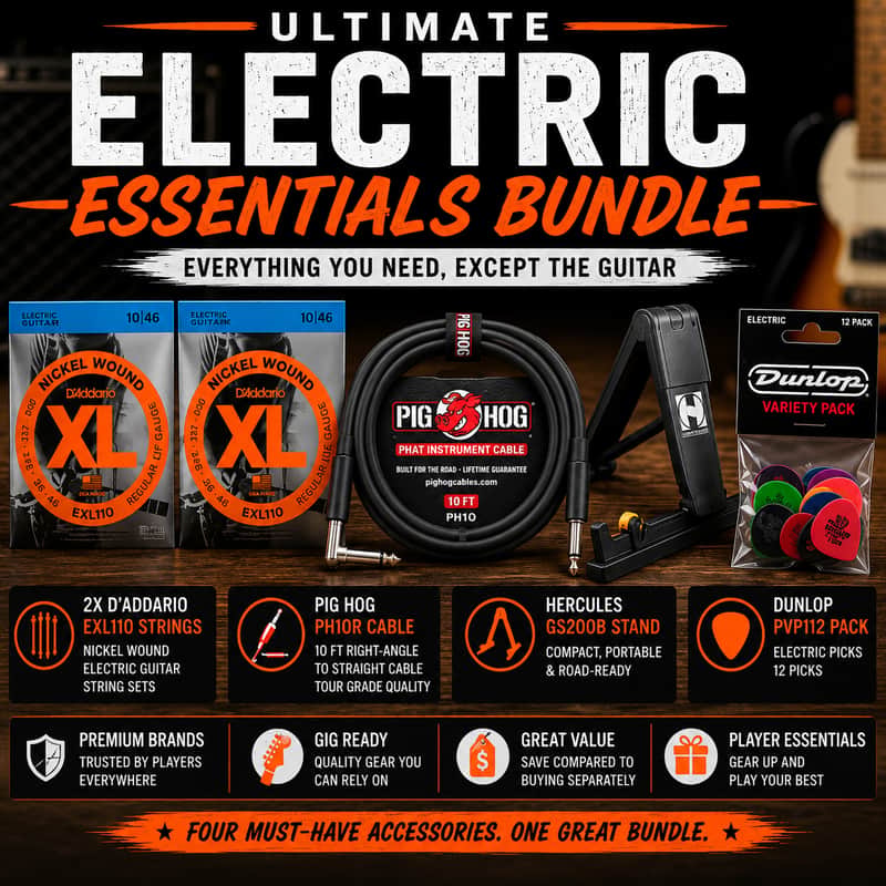 Ultimate Electric Essentials Bundle | 2 D'Addario EXL110 Sets, Pig Hog Cable, Hercules Stand & Dunlop Picks image 1