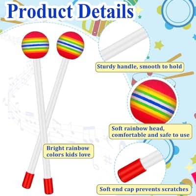 24 Pcs Kids Drum Sticks Rainbow Lollipop Timpani Mallets 8.5 Inch Soft Foam Head Percussion Drumsticks Hand Percussion Beat Music Toys for Rhythm Practice and Classroom Use image 3