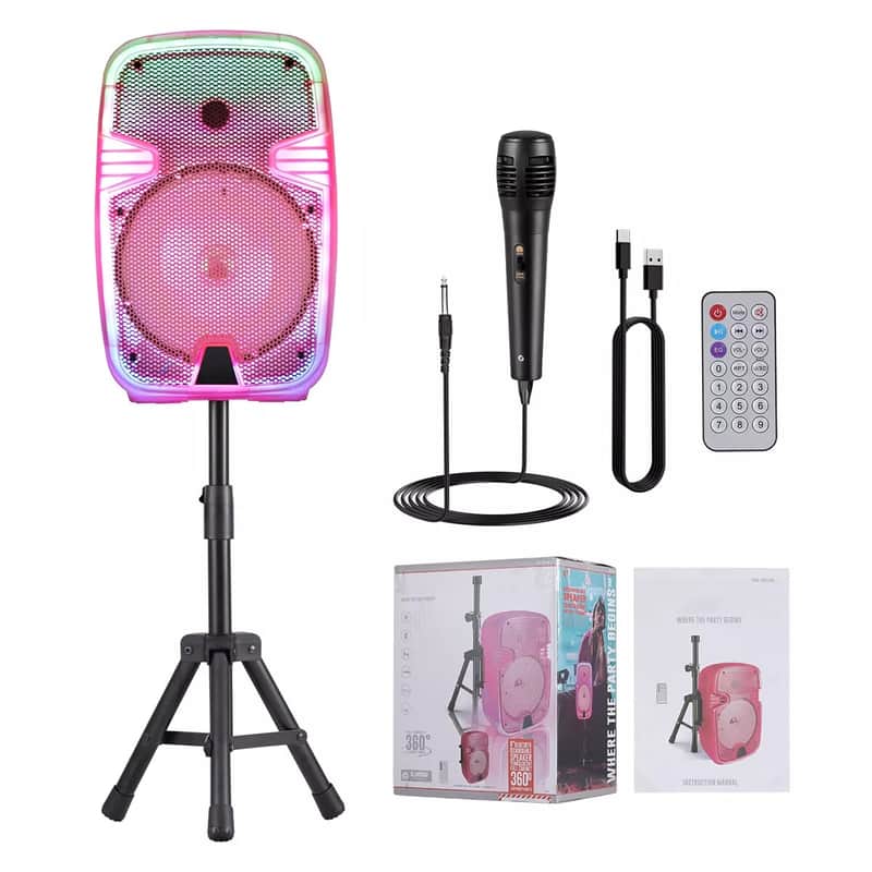 Pink 8" Rechargeable Bluetooth LED Party Speaker System w/ USB, SD, FM, AUX, Mic & Stand image 1