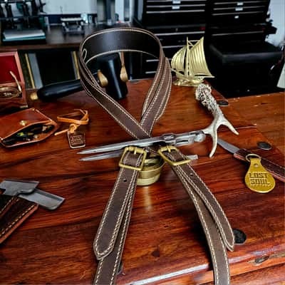 Hand Made, Hand Stitched Guitar strap "Rockatansky" in Elephant & Beige - Vegetable Tanned Leather image 12