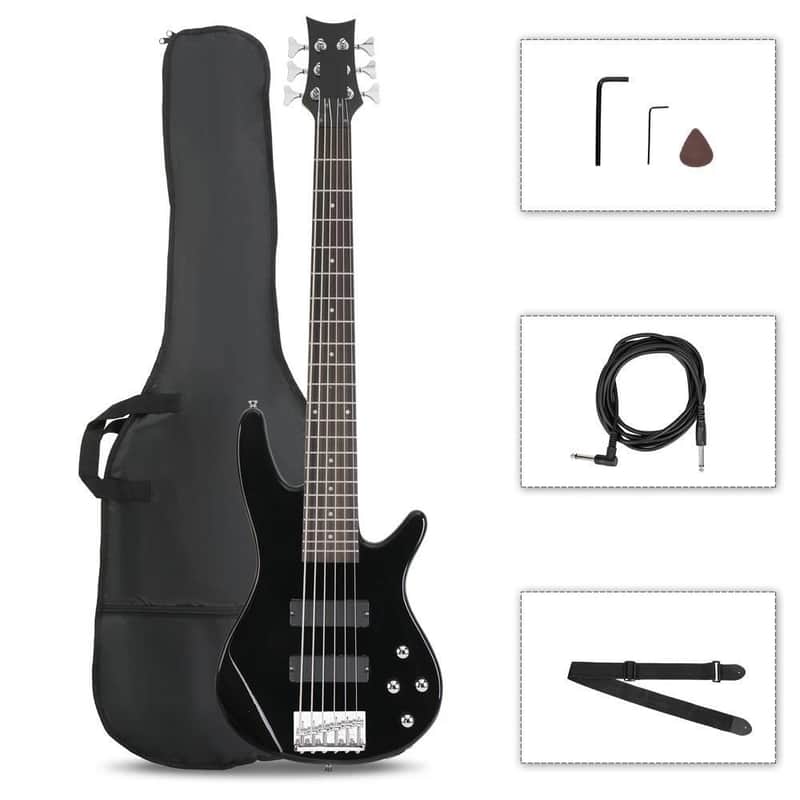 Full Size 6 String H-H Pickup Electric Bass Guitar With Bag Black image 1