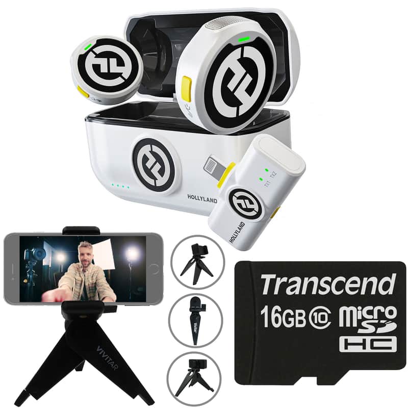 Hollyland LARK M2 DUO 2-Person Wireless Microphone System with Lightning Connector (2.4 GHz, Ivory White) + Vivitar compact Selfie Video Tripod + 16GB Transcend MicroSD Memory Card with Adapter image 1