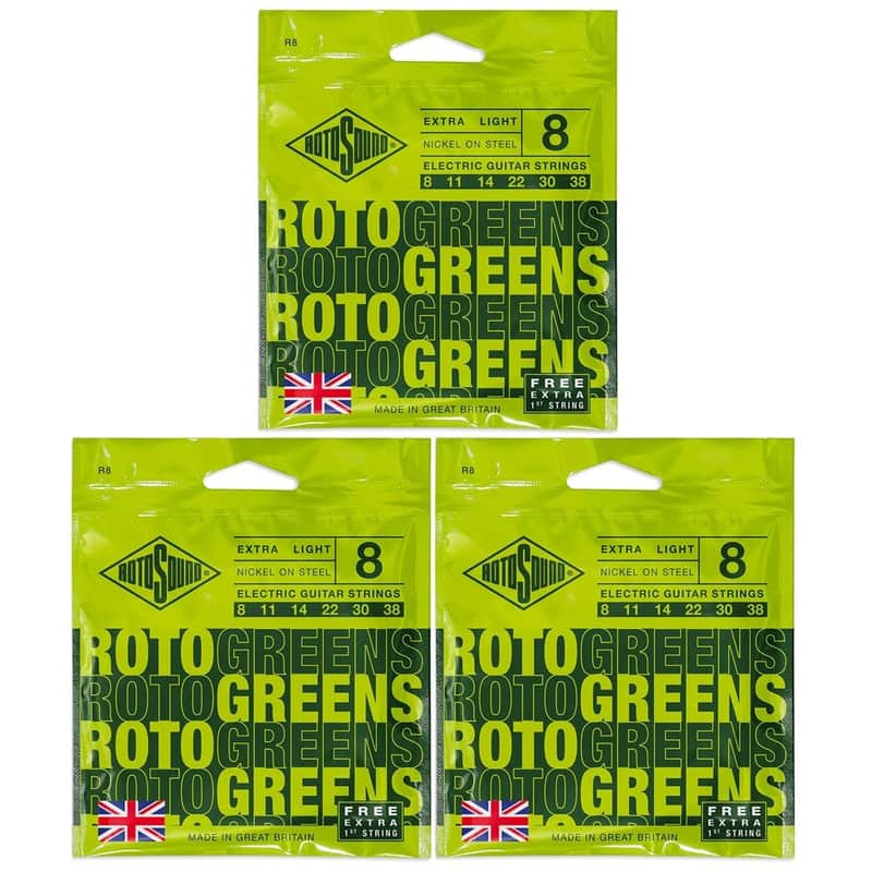 Rotosound Greens R8 Electric Guitar String 8-38 Bundle of 3 Full Sets image 1