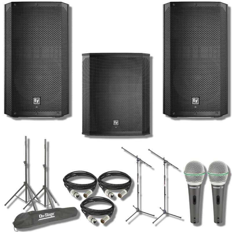Electro-Voice ELX200-12P 12-inch Powered Loudspeaker (Pair) with ELX200-18SP 18-inch Powered Subwoofer, Dynamic Vocal Microphones, Loudspeaker & Microphone Stands and 50' XLR Cables image 1