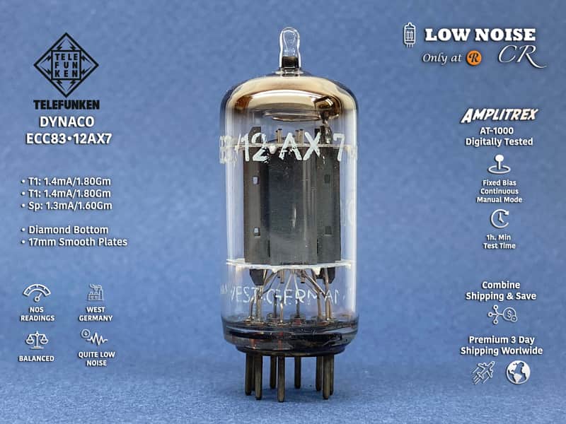 Telefunken DYNACO ECC83 ◇ 12AX7 • 100% BALANCED mA & Gm • Strong NOS • Nov 1964 "pf" • Smooth Plates • Amplitrex AT-1000 Digitally Tested • Quite Very Low Noise • T-01 image 1