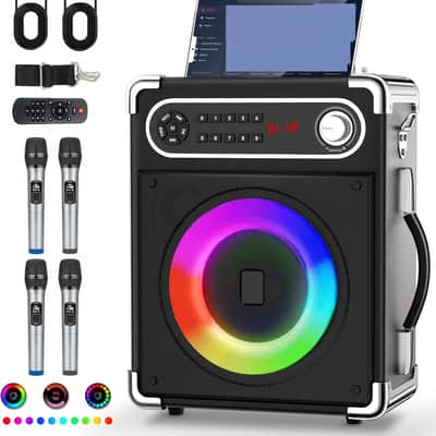 Karaoke Machine with 4 Wireless Microphones, Portable Bluetooth 5.1 Speaker for Adults Kids with LED Lights, Bass/Treble Adjustment, PA System with Remote Control, Supports FM/AUX/USB/TF for Party image 1