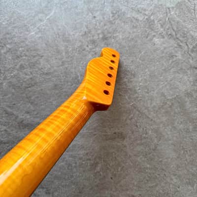 Tele Guitar Neck Yellow Flame Maple 22 Fret Rosewood Fretboard, Gloss Finish, 12" Radius image 11