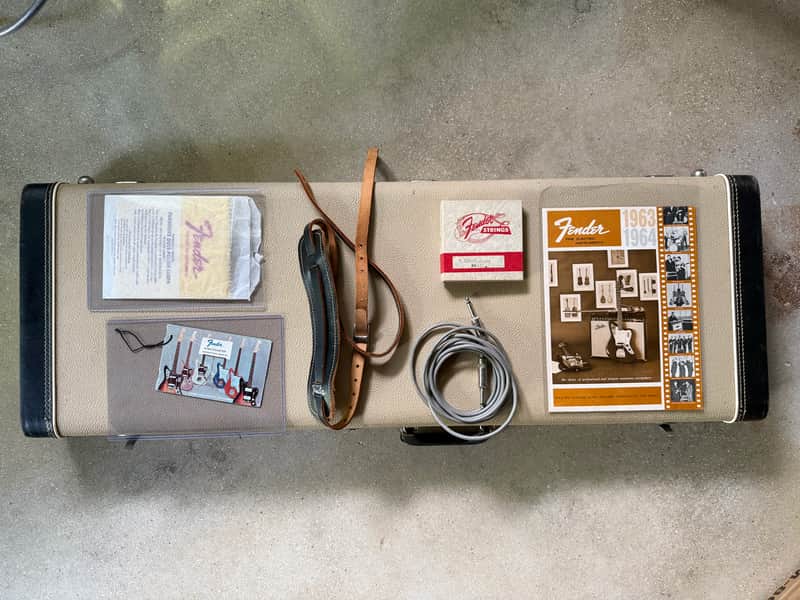 ULTRA RARE 1963-1964 Fender Stratocaster Case and Full case Candy set - strap, polish cloth, hang tags. etc NEAR MINT White Cookies and Cream image 1