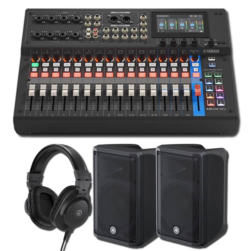 Yamaha MGX16V B 22-Channel Digital Mixing Console with HDMI-USB Video Interface, Pair of DBR10 10-Inch 700W Powered Speakers, and HPH-MT5 Studio Monitor Headphones image 1