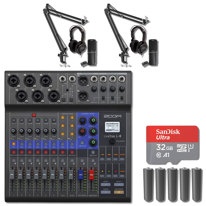 Zoom LiveTrak L-8 8-Channel Digital Mixer / Recorder with 2x ZDM-1 Podcast Microphone Packs, 2x Microphone Boom Arms, 5x AA Batteries and 32GB microSD Card with Adapter image 1