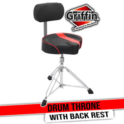 GRIFFIN Drum Throne with Backrest Support (Swivel ProROCK Series) – Saddle Seat Biker-Style Padded Percussion Chair, Height Adjustable for Drummers & Musicians image 1