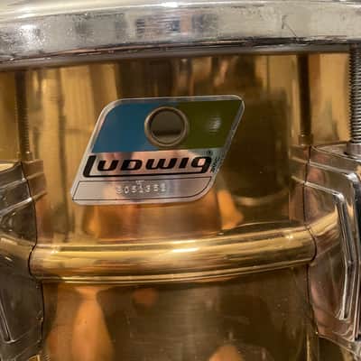Ludwig No. 552 Bronze 6.5x14" 10-Lug Snare Drum with Rounded Blue/Olive Badge 1981 - 1984 - Clear-Lacquered Bronze image 2