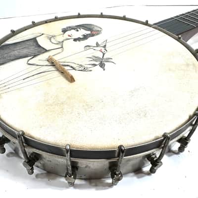 Old 5 string banjo with a painted head The Flapper and the Hummingbird 1930s - Wood and calf skin image 8