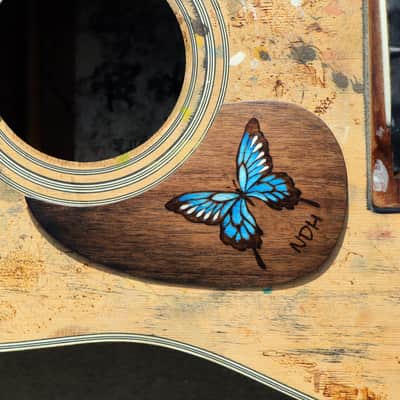 Burny Black left handed guitar pickguard - butterfly blue/walnut made to order - Urethane image 1
