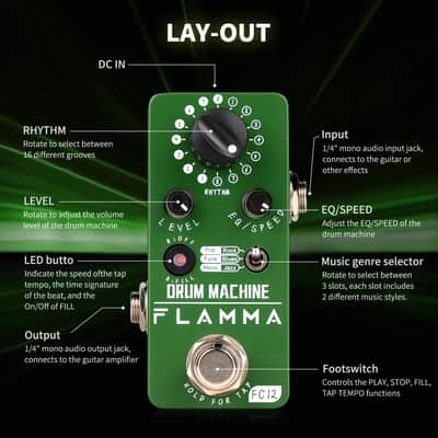 FLAMMA FC12 Drum Machine Guitar Pedal Drum Pedal with Real-Time FILL Function, Guitar Effect Pedal with 48 Drum Grooves 6 Music Styles & Tap Tempo EQ Presets, 44.1kHz/24Bit Mini Pedal image 7