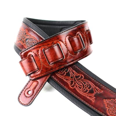Walker And Williams GB-21 Red Bourbon Padded Leather Strap with Fleur De Lis & French Chain Design image 2